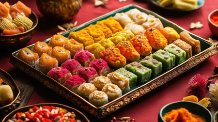 A vibrant tray of assorted mithai placed on a festive table, with space for personalized messages.の素材