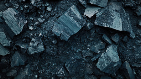 Coal scattered across a metallic surface with room for energy sector messaging or branding.の素材