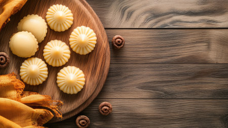 Close-up of peda on a wooden background, with plenty of space for text, perfect for Diwali or festive promotionsの素材