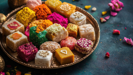 Colorful mithai assortment on a festive plate with plenty of space for festival greetings.の素材
