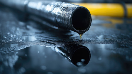 Crude oil dripping from a pipe onto a reflective surface, with space for promotional textの素材
