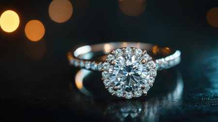 Elegant diamond ring displayed on a dark background with plenty of space for luxury brand messages.の素材