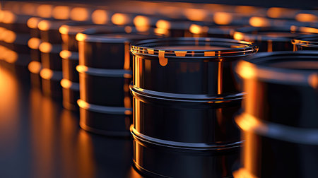 Crude oil barrels arranged in a row with a reflective background, leaving space for promotional text.の素材