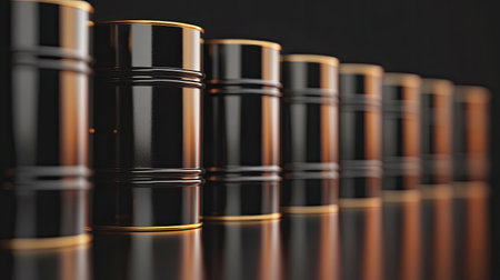 Crude oil barrels arranged in a row with a reflective background, leaving space for promotional text.の素材