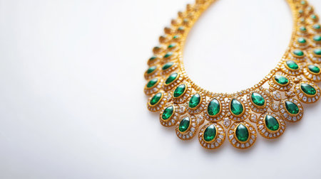 Golden necklace with emeralds on a white background, with copy space for promotional or marketing text.の素材