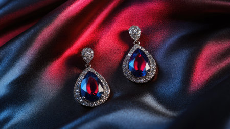 Sapphire and ruby earrings on a silk fabric with generous copy space for jewelry ads or celebrations.の素材