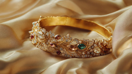 Golden bracelet adorned with precious stones, laid out on a silk cloth, with plenty of copy space.の素材