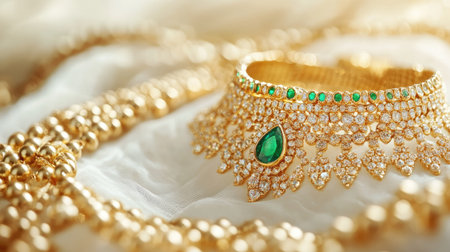 Gold necklace with emeralds displayed elegantly on a white surface with space for branding or ads.の素材