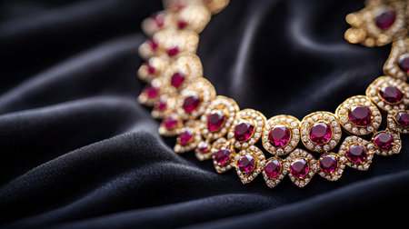 Gold necklace with rubies displayed on a dark velvet cloth with space for jewelry promotionsの素材