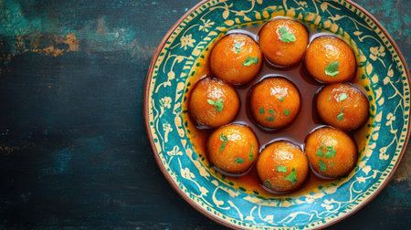 Delicious gulab jamuns in syrup on a vibrant plate with ample space for festival messages.の素材