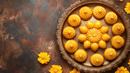 Delicious peda arranged in a decorative pattern with plenty of copy space for festival greetingsの素材