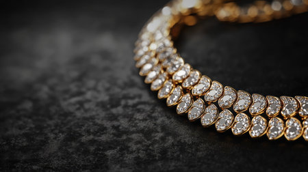 Golden necklace with diamonds displayed on a black background with space for luxury branding or ads.の素材
