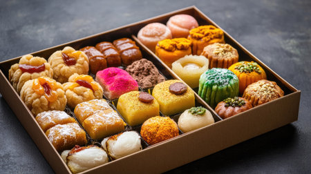 Traditional Indian sweets arranged in a box with space for copy, perfect for festive advertisingの素材