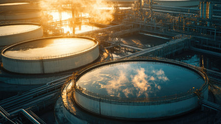 Gasoline tanks in a refinery, with copy space for fuel industry-related text.の素材