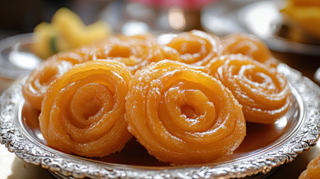 Golden jalebis on a traditional silver plate with ample space for personalized festival greetings.の素材
