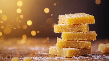 Delicious kaju katli pieces stacked with plenty of copy space for promotions or festival greetings.の素材