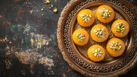 Traditional Indian sweets with pistachios on top, with ample space for festival promotion or branding.の素材