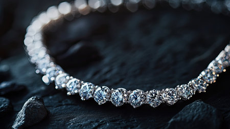 Silver necklace with diamonds displayed on a dark background with copy space for luxury ads.の素材
