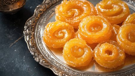 Golden jalebis on a traditional silver plate with ample space for personalized festival greetings.の素材