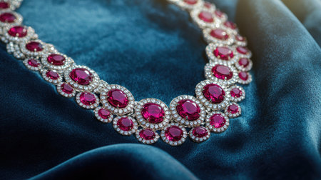 Top view of a ruby necklace displayed on a velvet surface with ample copy space for marketing.の素材