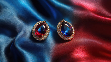 Sapphire and ruby earrings on a silk fabric with generous copy space for jewelry ads or celebrations.の素材