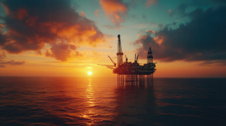 Oil rig silhouette against a sunset sky, leaving ample room for energy sector messaging.の素材
