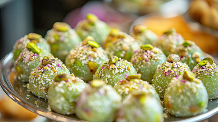 Traditional Indian sweets with pistachios on top, with ample space for festival promotion or branding.の素材