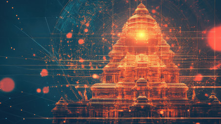 Abstract Indian temple structure connected with digital networks, leaving space for tech belief messages.の素材
