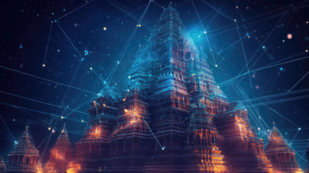 Abstract Indian temple structure connected with digital networks, leaving space for tech belief messages.の素材