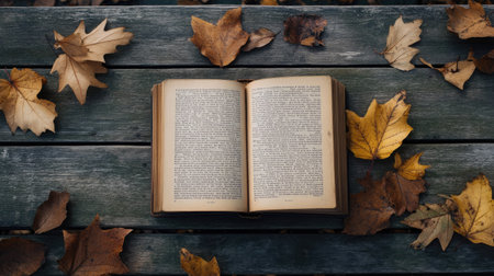 Book open on a rustic wooden table, surrounded by leaves, with space for literary content.の素材