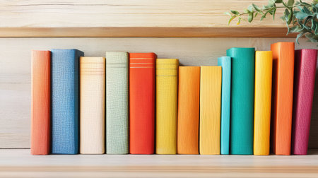 Bookshelf filled with colorful books, with a clear area for messaging or text overlay.の素材