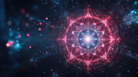 Digital chakra designs glowing with particles and tech-inspired lines, leaving space for belief messaging.の素材