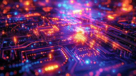 Tech-inspired Indian art patterns glowing with light effects, representing belief in modern technology, with room for text.の素材