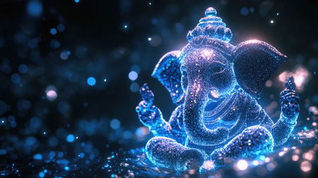 Abstract digital Ganesh figure made of light particles, representing belief in tech, with space for copyの素材