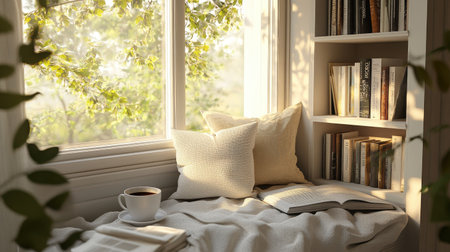 Books and a cup of coffee on a cozy reading nook, with ample room for copy space.の素材