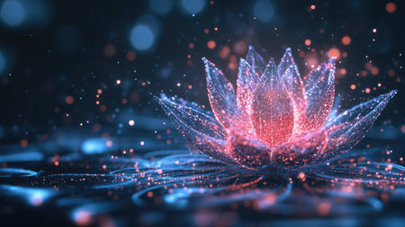 Digital lotus flower glowing with light particles, symbolizing modern belief in technology, with ample space for copy.の素材
