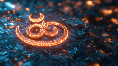 Digital Om symbol glowing against a tech-inspired background, with ample room for copy space.の素材