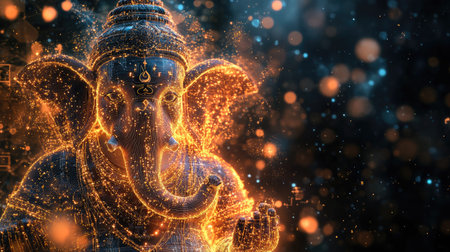 Digital Ganesh figure made from circuit lines and particles, with room for technology belief copy.の素材