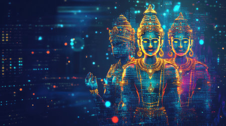 Illustration of Indian deities made from digital code, representing faith in modern technology, with space for copy.の素材