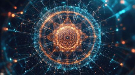 Digital mandala illustration representing connectivity, with space for tech belief concept.の素材