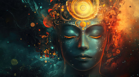 Fusion of Indian traditions and modern technology, represented by digital artwork with space for copy.の素材