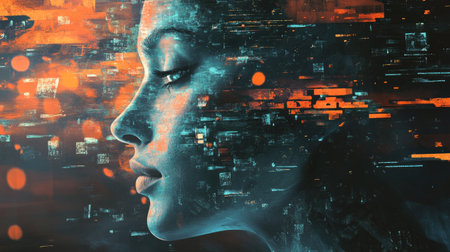 Tech and spirituality combined in an abstract digital artwork, with room for messaging on belief in technology.の素材