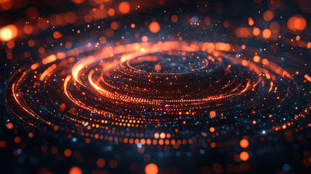 Tech-inspired Indian motifs with glowing particles, representing modern belief in digital realms, with copy space.の素材