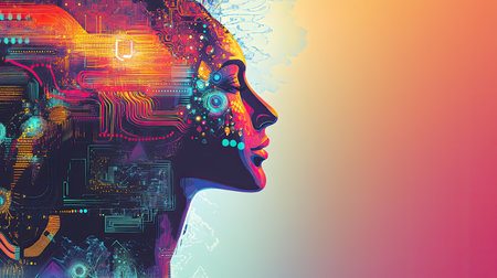 Illustration of merging Indian and digital elements with tech belief symbolism, with space for text.の素材