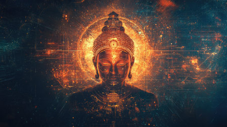 Indian spiritual symbols merging with a futuristic tech background, leaving space for text.の素材