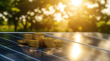 A shining sun over solar panels and gold coins, representing savings through solar energy. Room for copy space.の素材