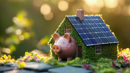 A piggy bank-shaped house with solar panels, representing green energy and cost savings. Clear copy space for text provided.の素材