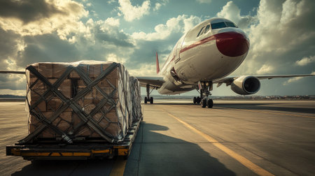Cargo plane unloading crates on a runway, with room for air freight logistics messaging.の素材