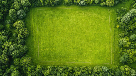 Aerial view of green land plot with clear boundary markers, surrounded by natural terrain. Ample copy space for text.の素材