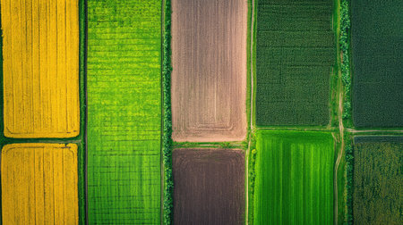 Aerial view of an agricultural land plot with boundary markers in bright contrast, space for copy available.の素材